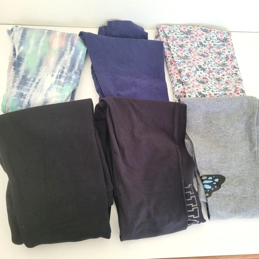 Justice Girls Leggings Lot of 6 Size 12 Tie Dye Floral Butterfly Black Gray Blue